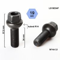Šroub M14x1,5x34 koule R14, klíč 19 , černé, výška 57,5  
